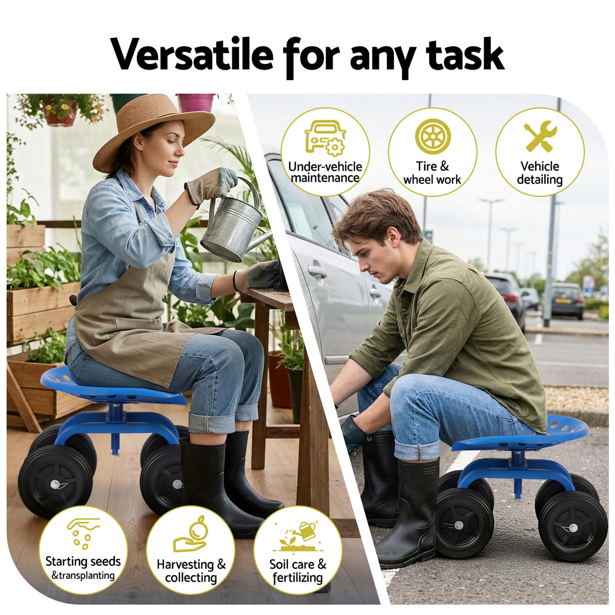 Gardeon Garden Seat 360 Swivel Rolling Adjustable Height Work Scooter Cart Wheels Heavy Duty 150kg-Baby & Kids > Kid&