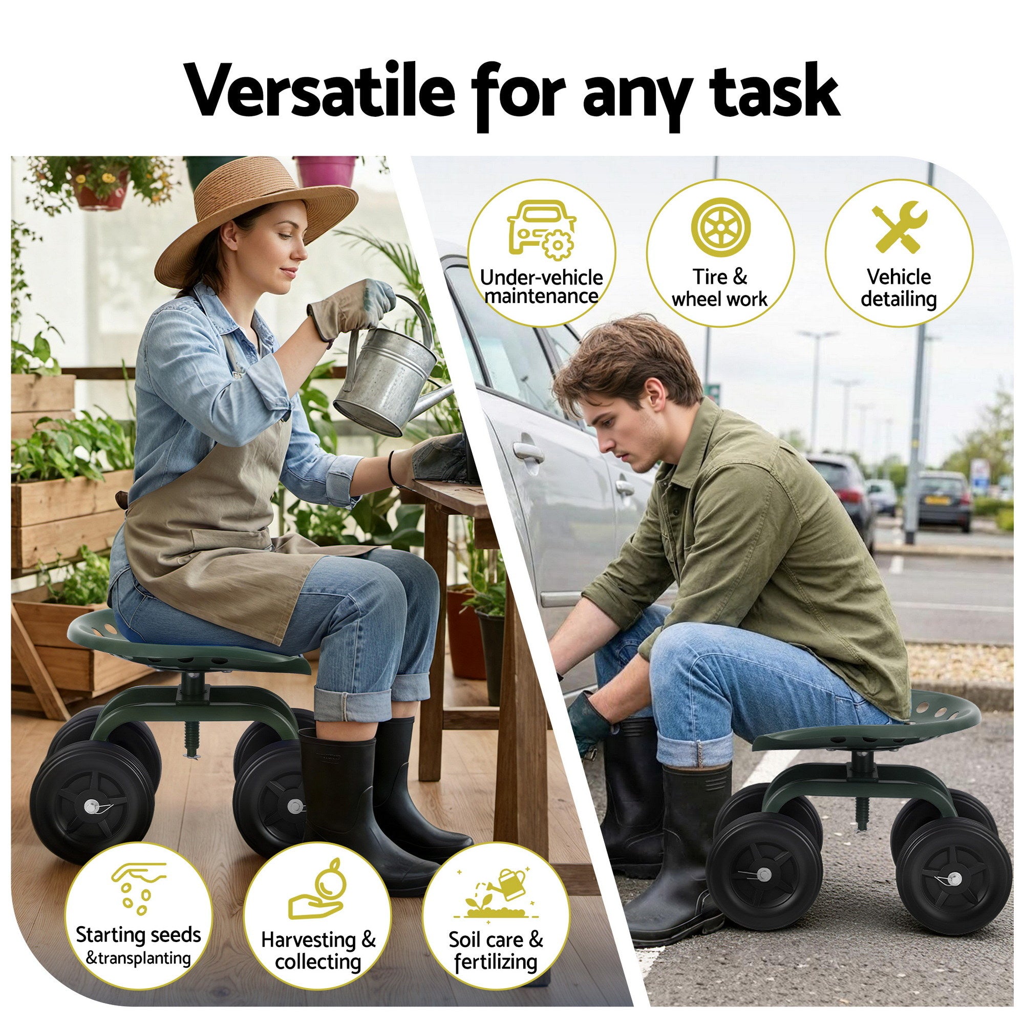 Gardeon Garden Seat 360 Swivel Rolling Adjustable Height Work Scooter Cart Wheels Heavy Duty 150kg-Baby & Kids > Kid&