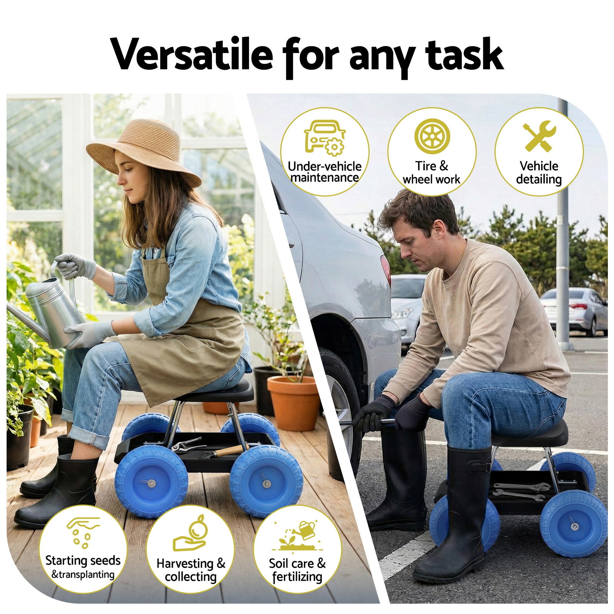 Gardeon Garden Cart Seat with Wheels, Rolling Work Stool with Tool Storage Tray, 440lbs (200kg) Heavy Duty Capacity Garden Stool for Outdoor Yard Work, Car Detailing, and Garage Maintenance, Blue/Black-Baby & Kids > Kid&