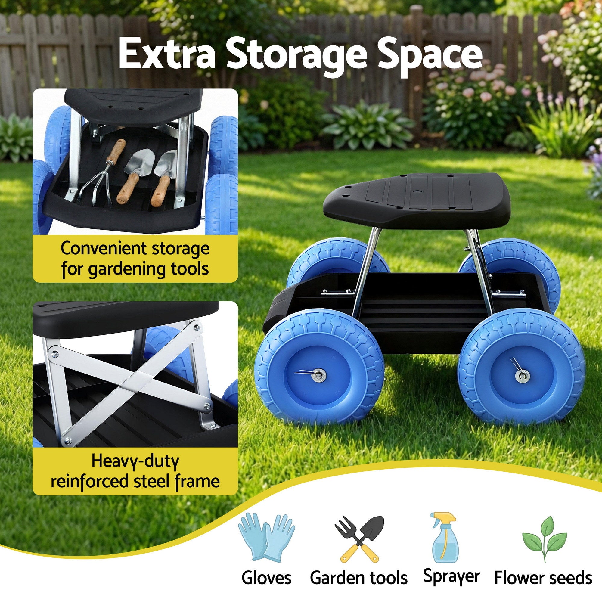 Gardeon Garden Cart Seat with Wheels, Rolling Work Stool with Tool Storage Tray, 440lbs (200kg) Heavy Duty Capacity Garden Stool for Outdoor Yard Work, Car Detailing, and Garage Maintenance, Blue/Black-Baby & Kids > Kid&