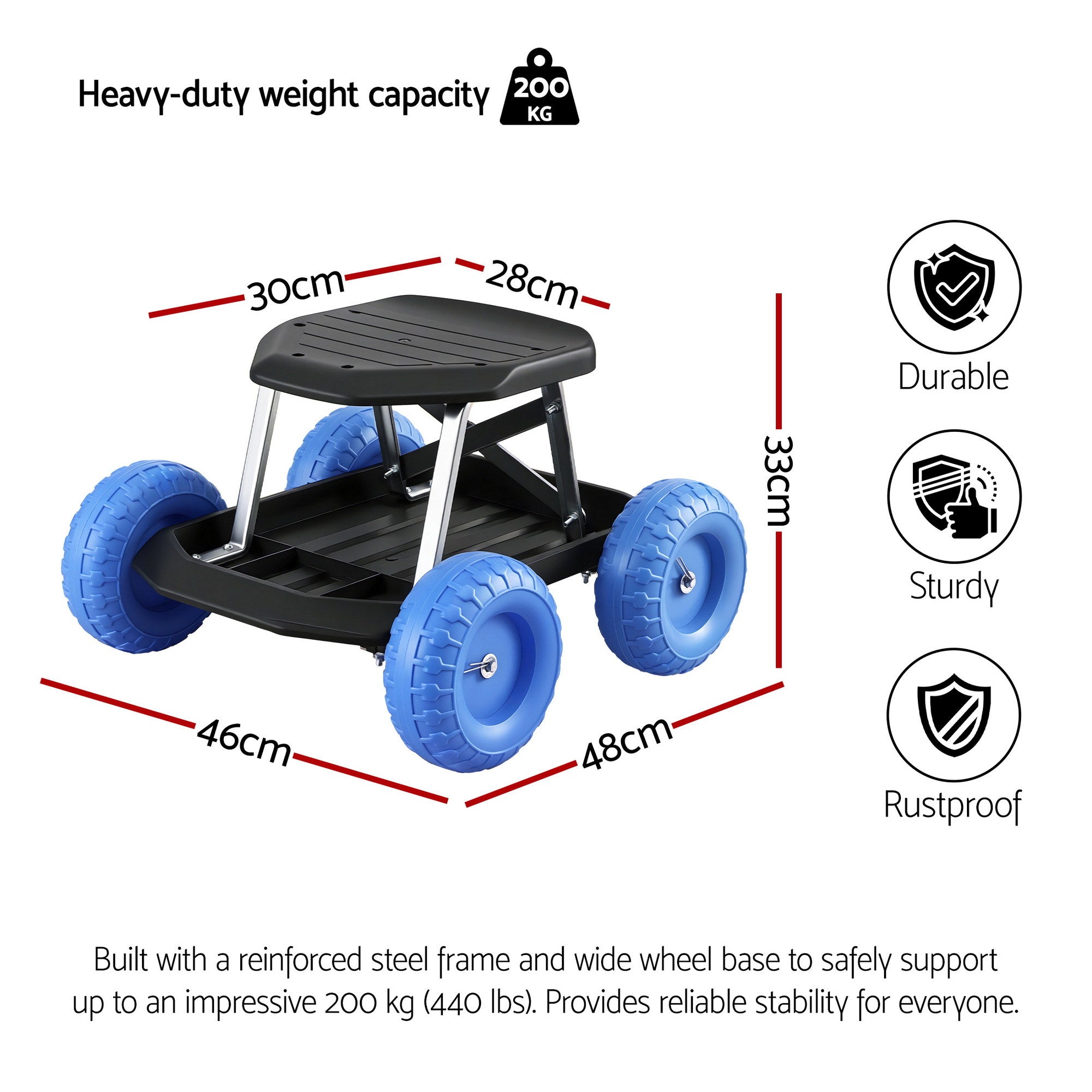Gardeon Garden Cart Seat with Wheels, Rolling Work Stool with Tool Storage Tray, 440lbs (200kg) Heavy Duty Capacity Garden Stool for Outdoor Yard Work, Car Detailing, and Garage Maintenance, Blue/Black-Baby & Kids > Kid&