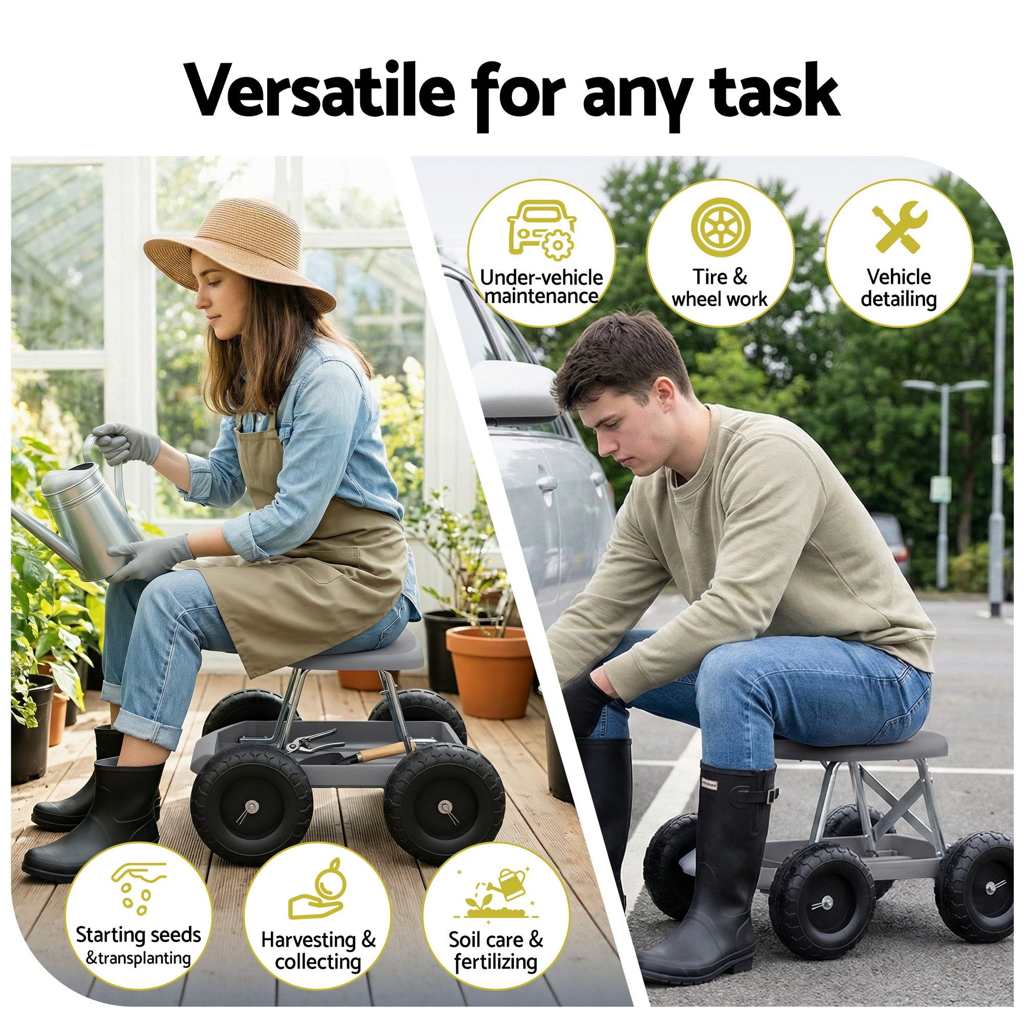 Gardeon Garden Cart Seat with Wheels, Rolling Work Stool with Tool Storage Tray, 440lbs (200kg) Heavy Duty Capacity Garden Stool for Outdoor Yard Work, Car Detailing, and Garage Maintenance, Grey/Black-Baby & Kids > Kid&