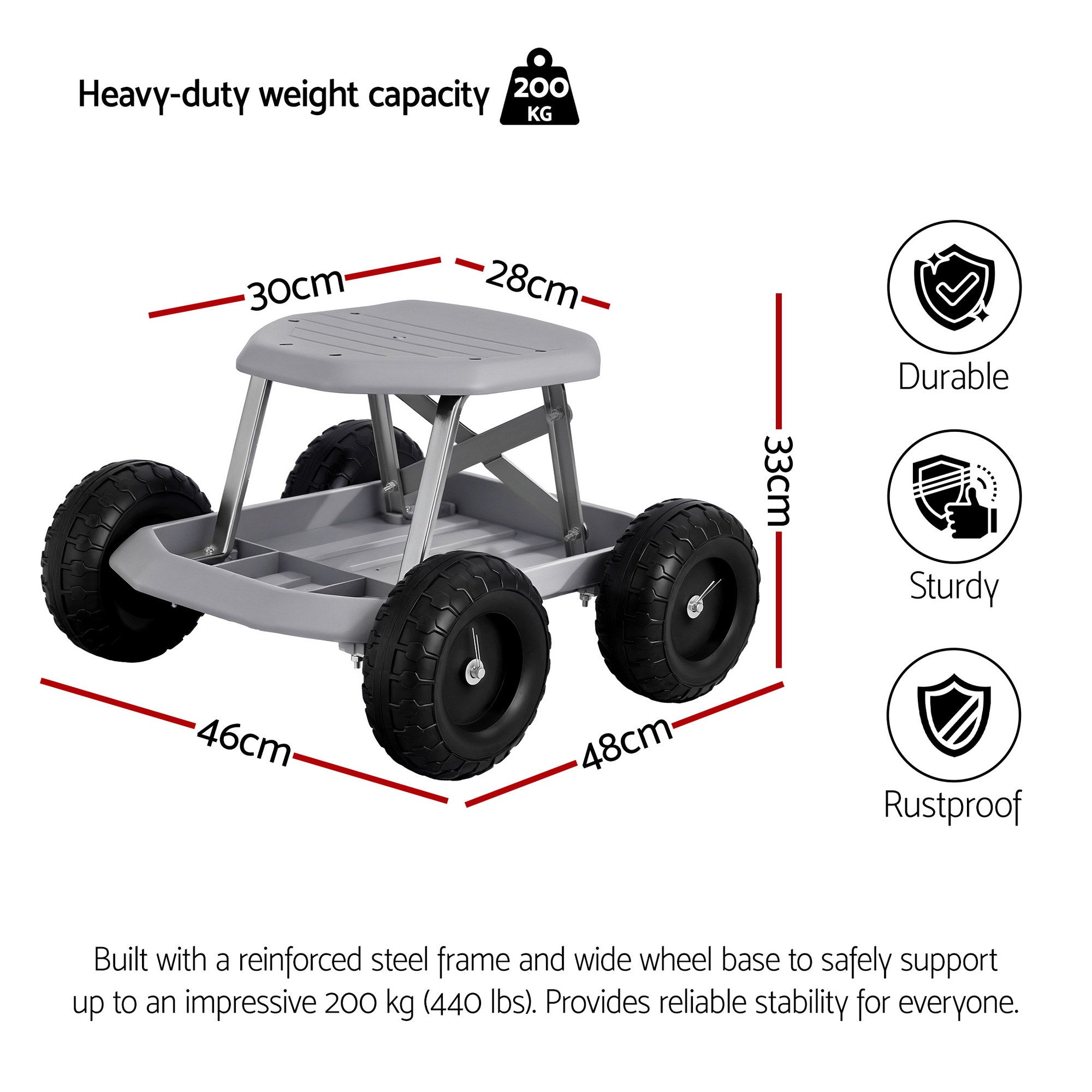 Gardeon Garden Cart Seat with Wheels, Rolling Work Stool with Tool Storage Tray, 440lbs (200kg) Heavy Duty Capacity Garden Stool for Outdoor Yard Work, Car Detailing, and Garage Maintenance, Grey/Black-Baby & Kids > Kid&