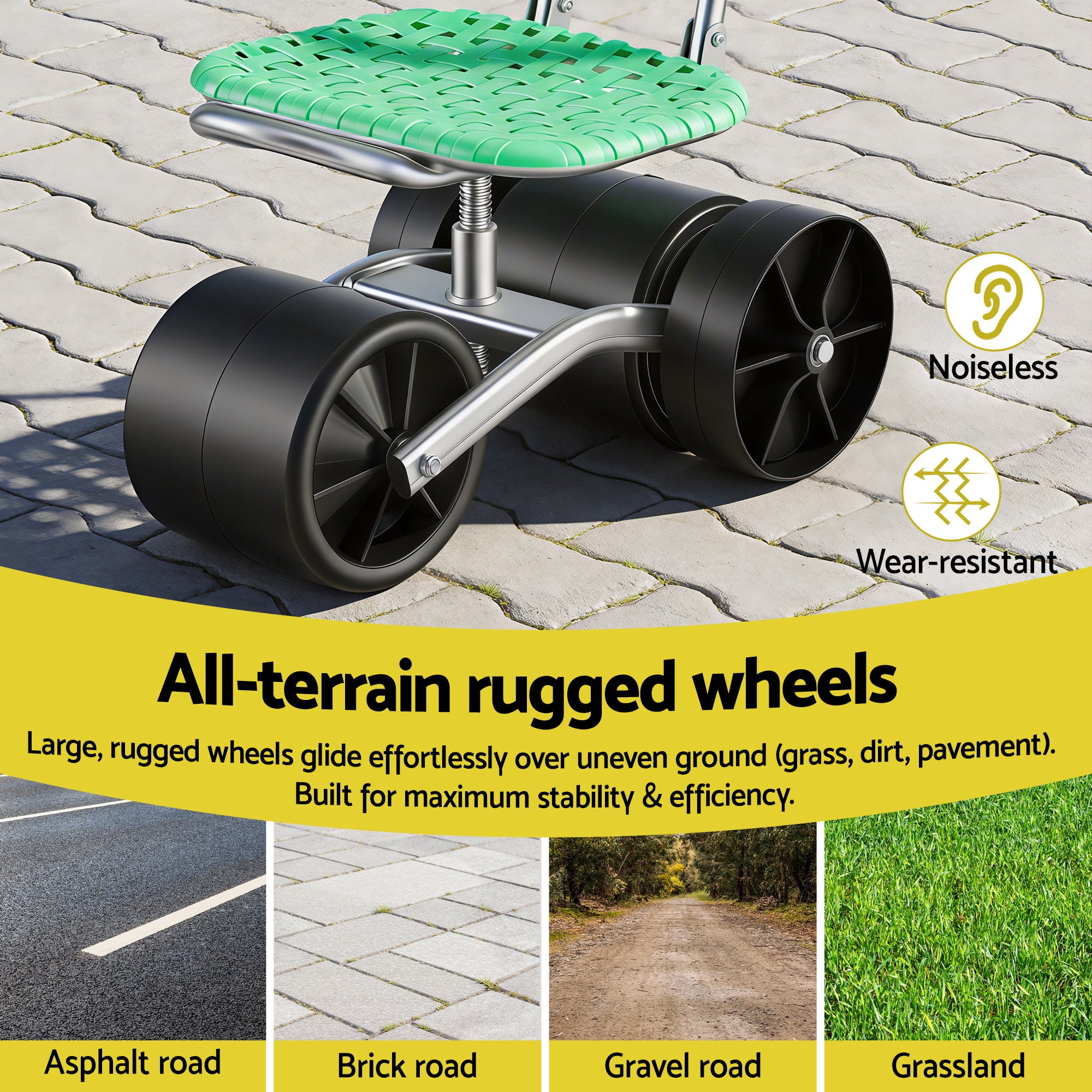 Gardeon Gardening Cart with 360° Swivel Seat | Rolling Work Seat with Adjustable Height & All-Terrain Wheels | 130KG Capacity Heavy Duty Garden Scooter for Back Pain Relief & Vehicle Detailing | Foldable Backrest & Ventilated Seat, Green-Home & Garden > Garden Tools > Gardening Tools-PEROZ Accessories