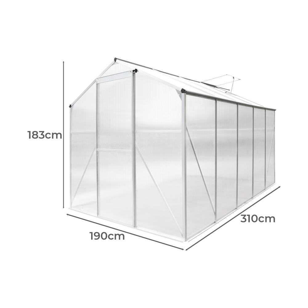 Livsip Greenhouse Aluminium Green House Shed Polycarbonate Walk in 3.1x1.9M-Greenhouse-PEROZ Accessories