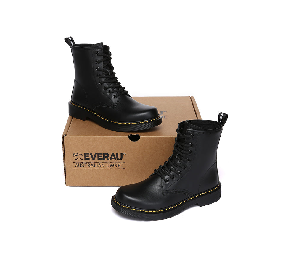 EVERAU® Women Leather Lace Up Black Chunky Boots Simona-PEROZ Accessories