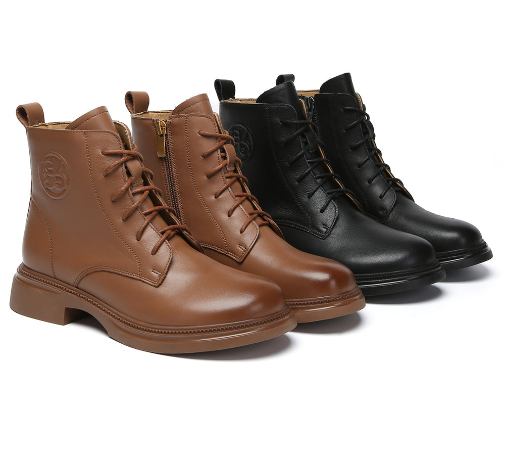 EVERAU Women Leather Lace Up Zipper Ankle Boots Gabriela