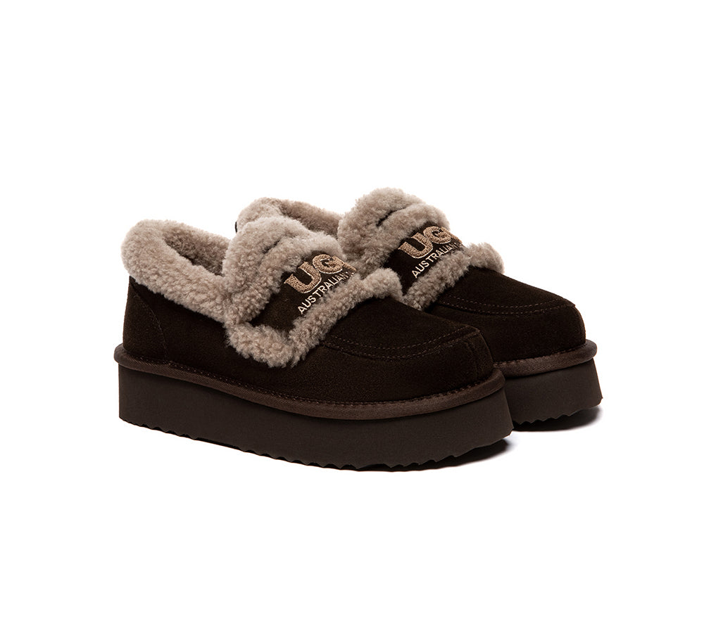 AUSTRALIAN SHEPHERD UGG Slippers Women Sheepskin Wool Ankle Platform Loafers Rilee