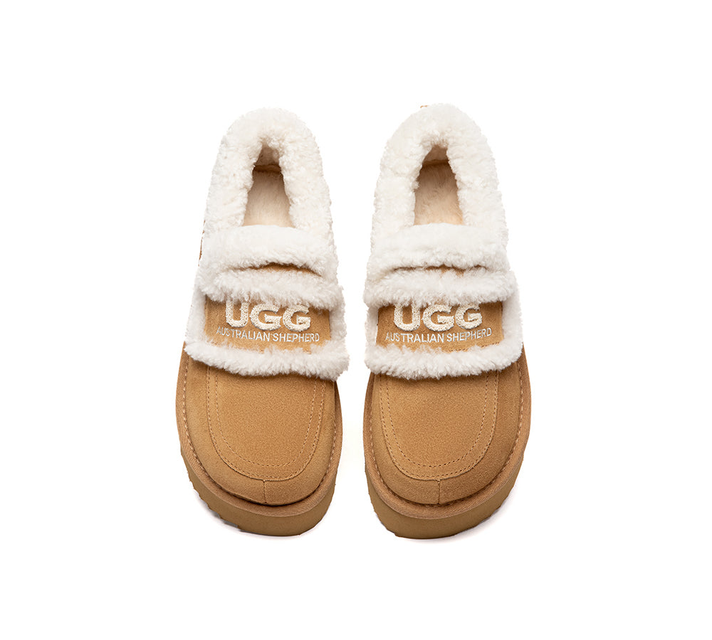 AUSTRALIAN SHEPHERD UGG Slippers Women Sheepskin Wool Ankle Platform Loafers Rilee