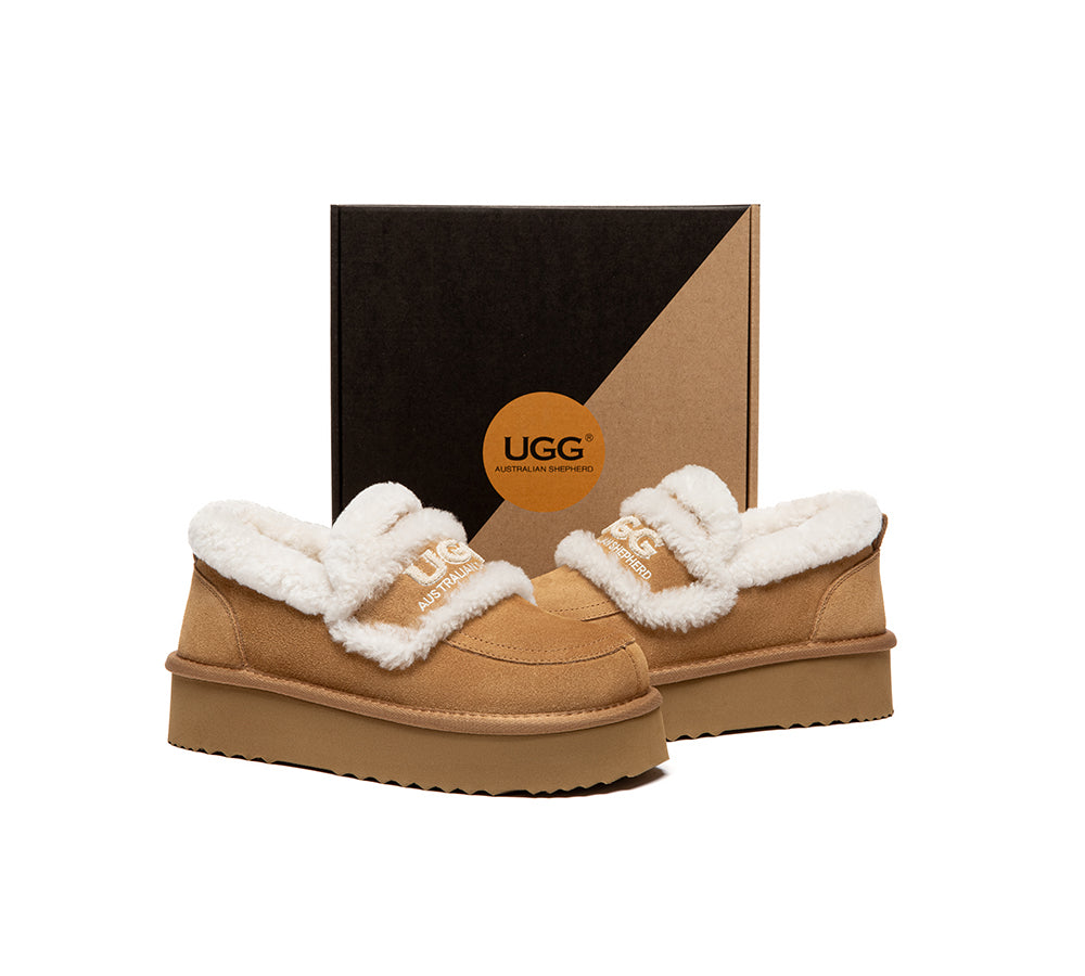 AUSTRALIAN SHEPHERD UGG Slippers Women Sheepskin Wool Ankle Platform Loafers Rilee