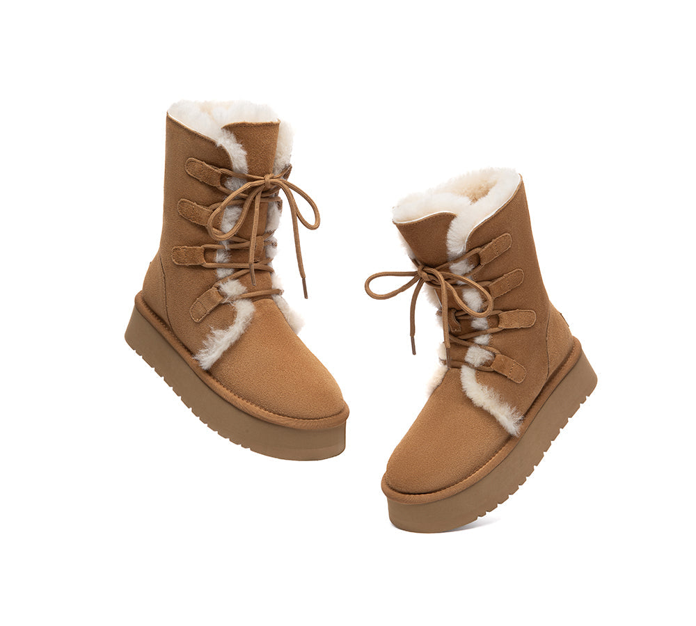 AUSTRALIAN SHEPHERD UGG Boots Sheepskin Wool Lace Up Platform Short Brunor