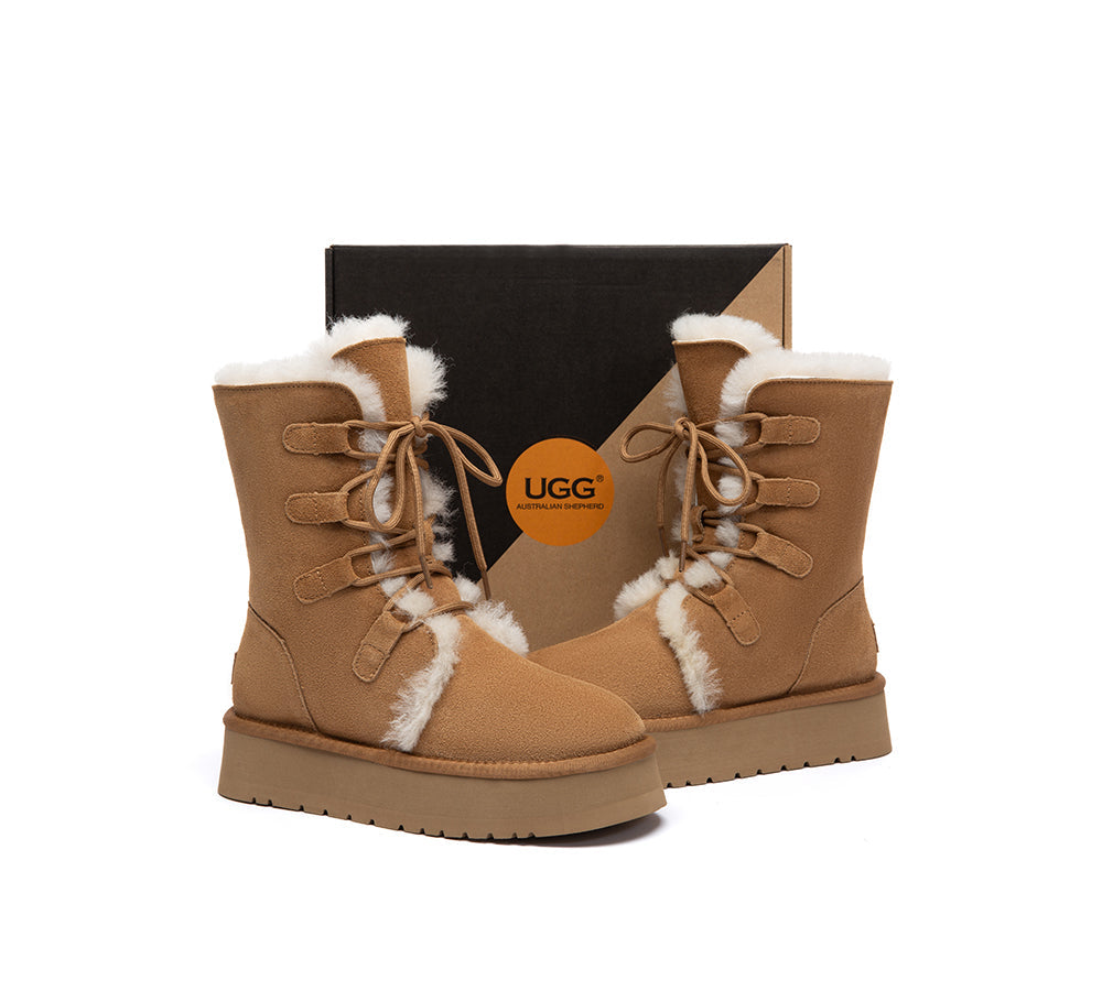 AUSTRALIAN SHEPHERD UGG Boots Sheepskin Wool Lace Up Platform Short Brunor