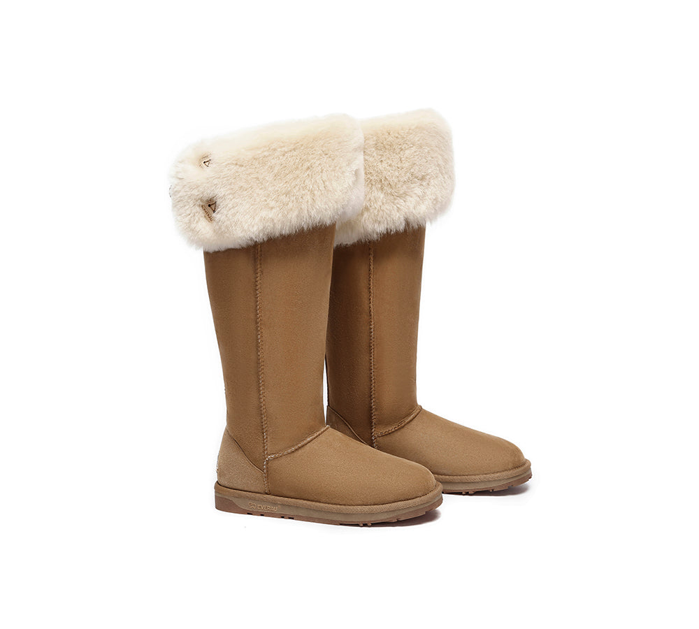EVERAU UGG Boots Women Double Faced Sheepskin Wool Tall Button Over-Knee Jenner