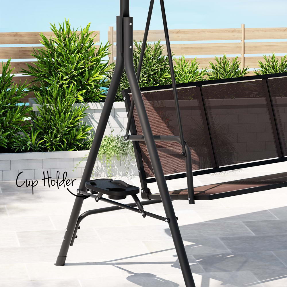 Gardeon Outdoor Swing Chair Garden Furniture Canopy Cup Holder 3 Seater Brown-Furniture > Outdoor > Outdoor Chairs-PEROZ Accessories