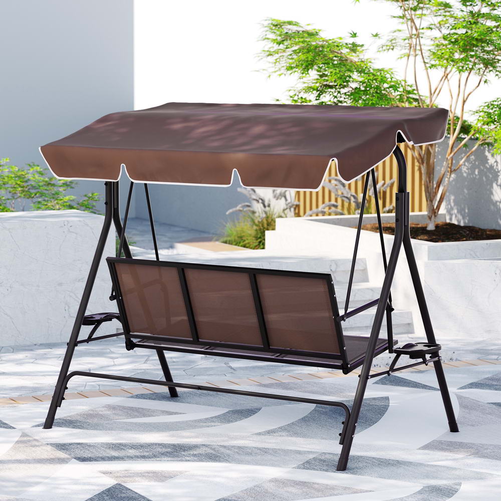 Gardeon Outdoor Swing Chair Garden Furniture Canopy Cup Holder 3 Seater Brown-Furniture > Outdoor > Outdoor Chairs-PEROZ Accessories