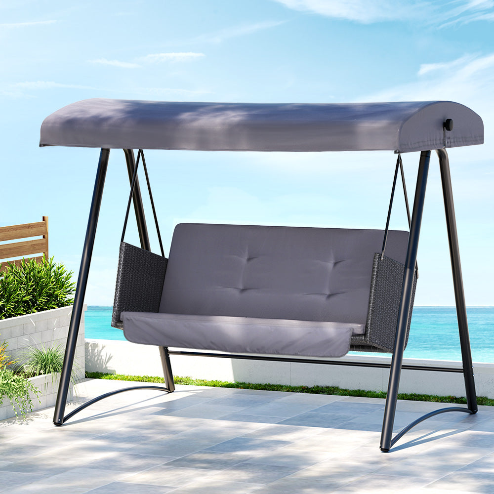 Gardeon Outdoor Swing Chair Garden Bench Furniture Canopy 3 Seater Rattan Grey-Swing Chairs-PEROZ Accessories