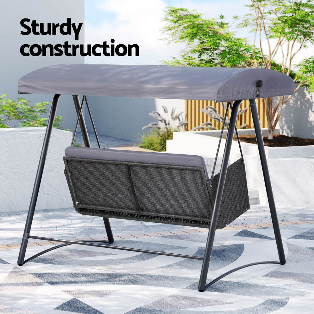 Gardeon Outdoor Swing Chair Garden Bench Furniture Canopy 3 Seater Rattan Grey-Swing Chairs-PEROZ Accessories