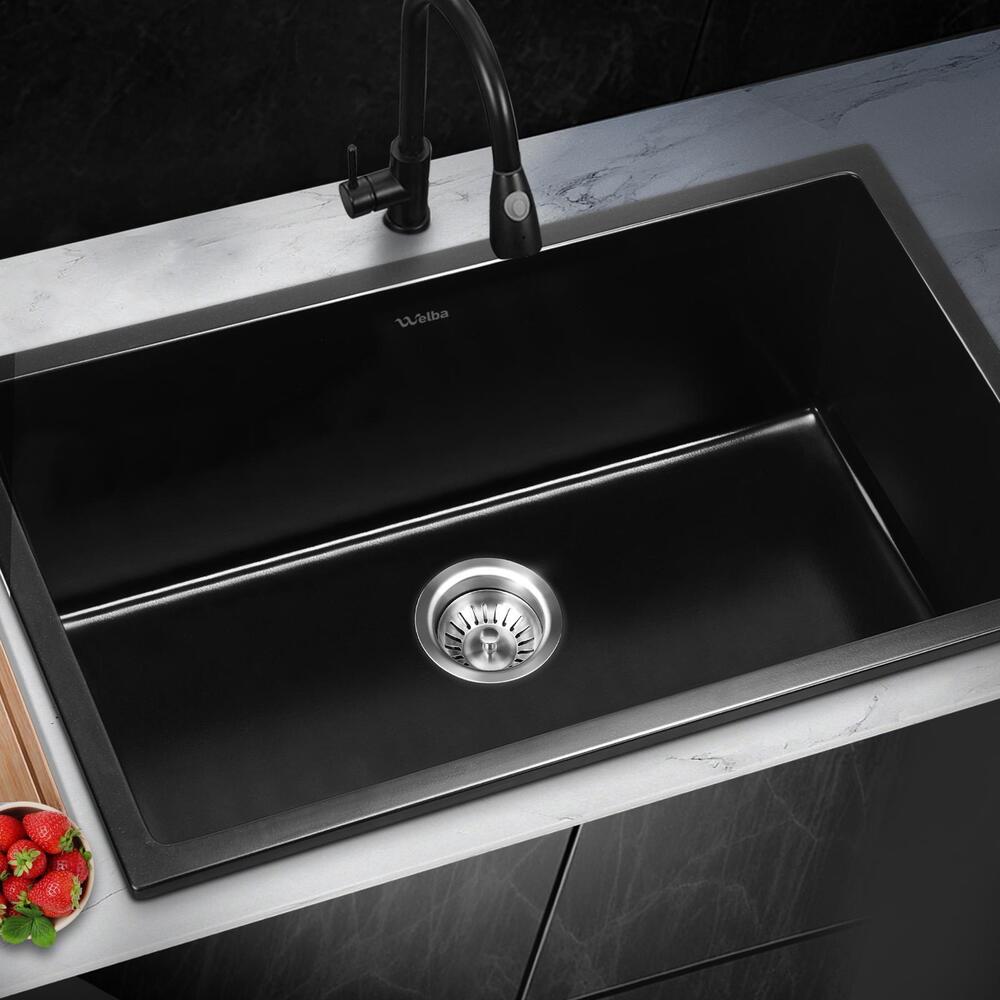 Welba Kitchen Sink 70x45cm Granite Stone Sink Laundry Basin Single Bowl Black-Granite Sink-PEROZ Accessories