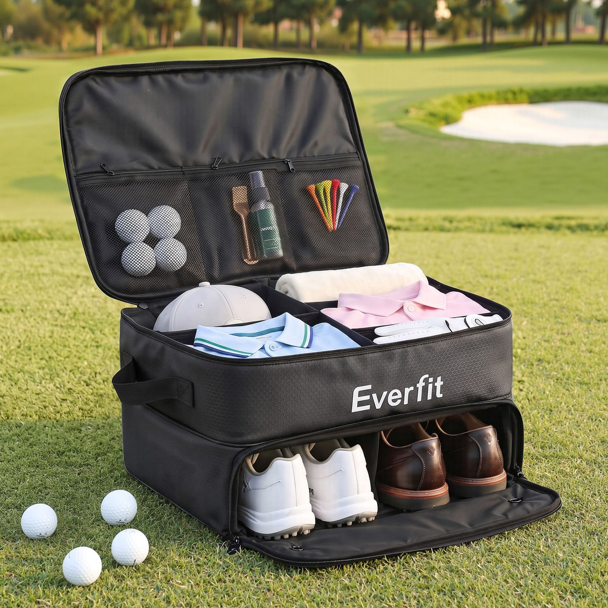 Everfit Golf Trunk Organizer for Car, 2-Tier Golf Storage Bag with Ventilated Shoe Compartment Black-Sports & Fitness > Golf > Golf Accessories-PEROZ Accessories