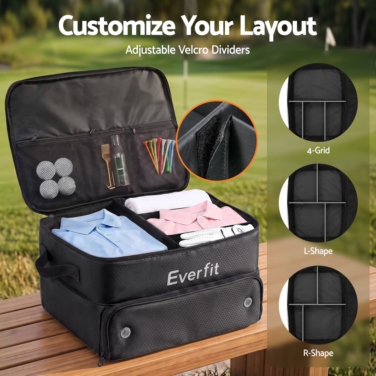 Everfit Golf Trunk Organizer for Car, 2-Tier Golf Storage Bag with Ventilated Shoe Compartment Black-Sports & Fitness > Golf > Golf Accessories-PEROZ Accessories