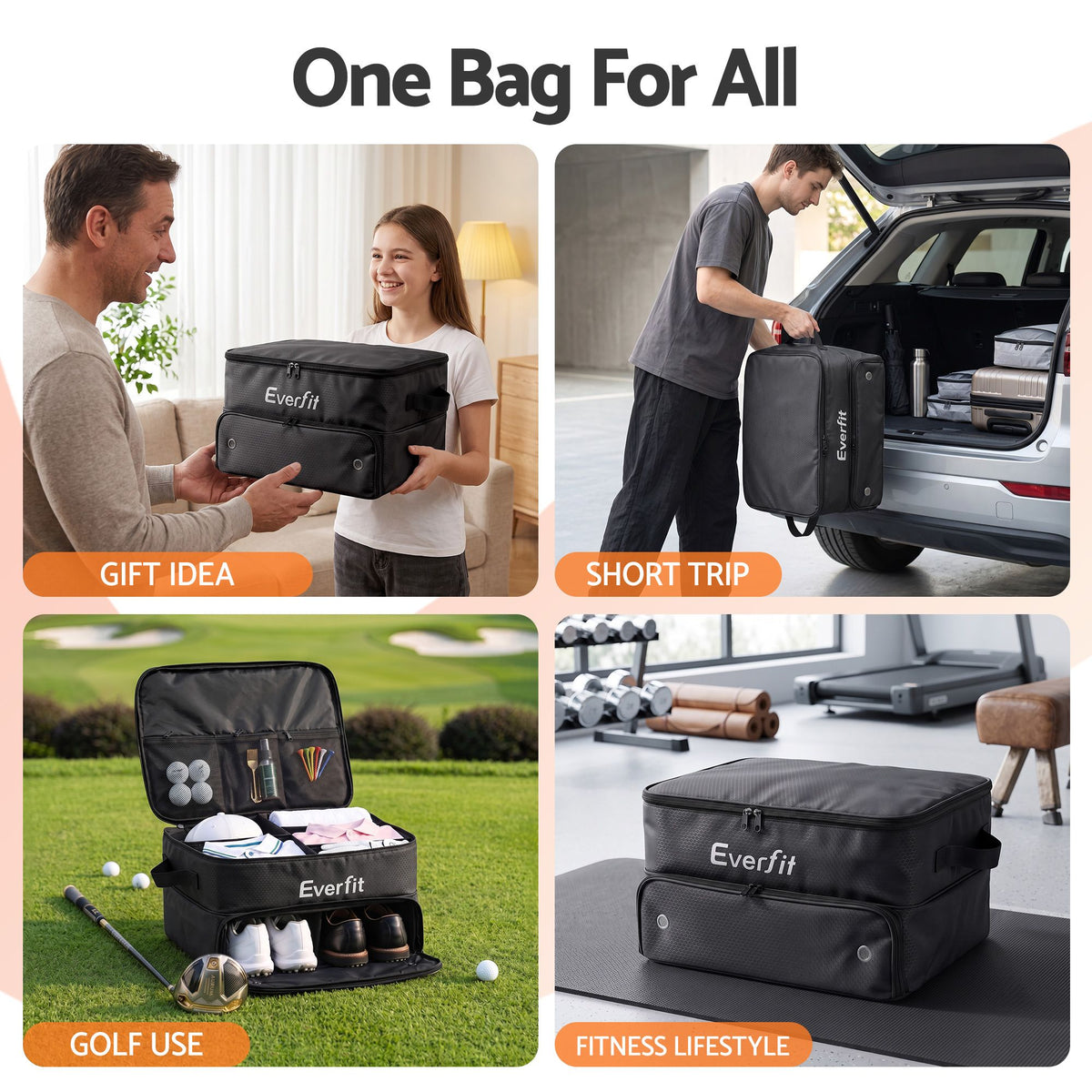 Everfit Golf Trunk Organizer for Car, 2-Tier Golf Storage Bag with Ventilated Shoe Compartment Black-Sports & Fitness > Golf > Golf Accessories-PEROZ Accessories