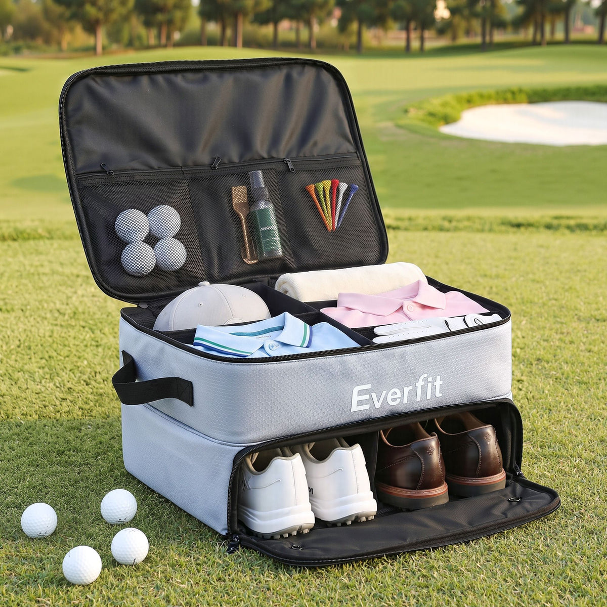 Everfit Golf Trunk Organizer for Car, 2-Tier Golf Storage Bag with Ventilated Shoe Compartment Grey-Sports & Fitness > Golf > Golf Accessories-PEROZ Accessories