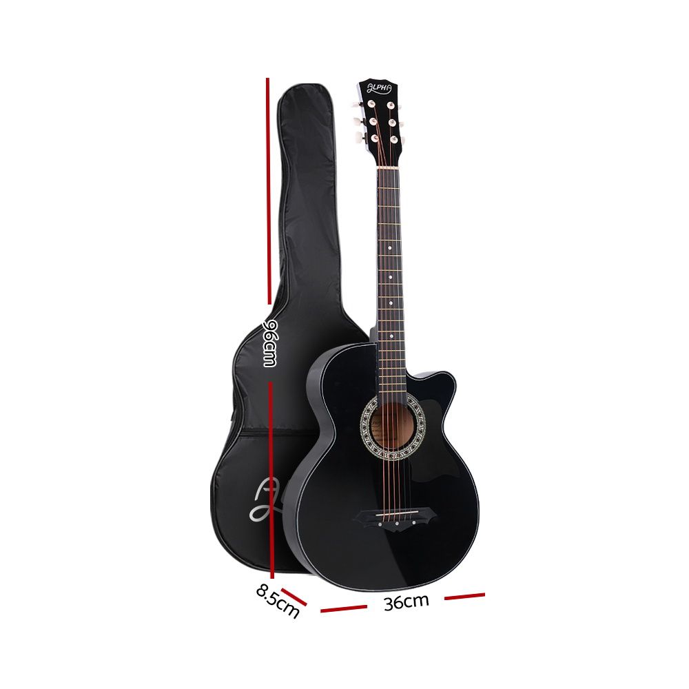 Alpha 38 Inch Acoustic Guitar Wooden Body Steel String Full Size Cutaway Black-Audio & Video > Musical Instrument & Accessories-PEROZ Accessories