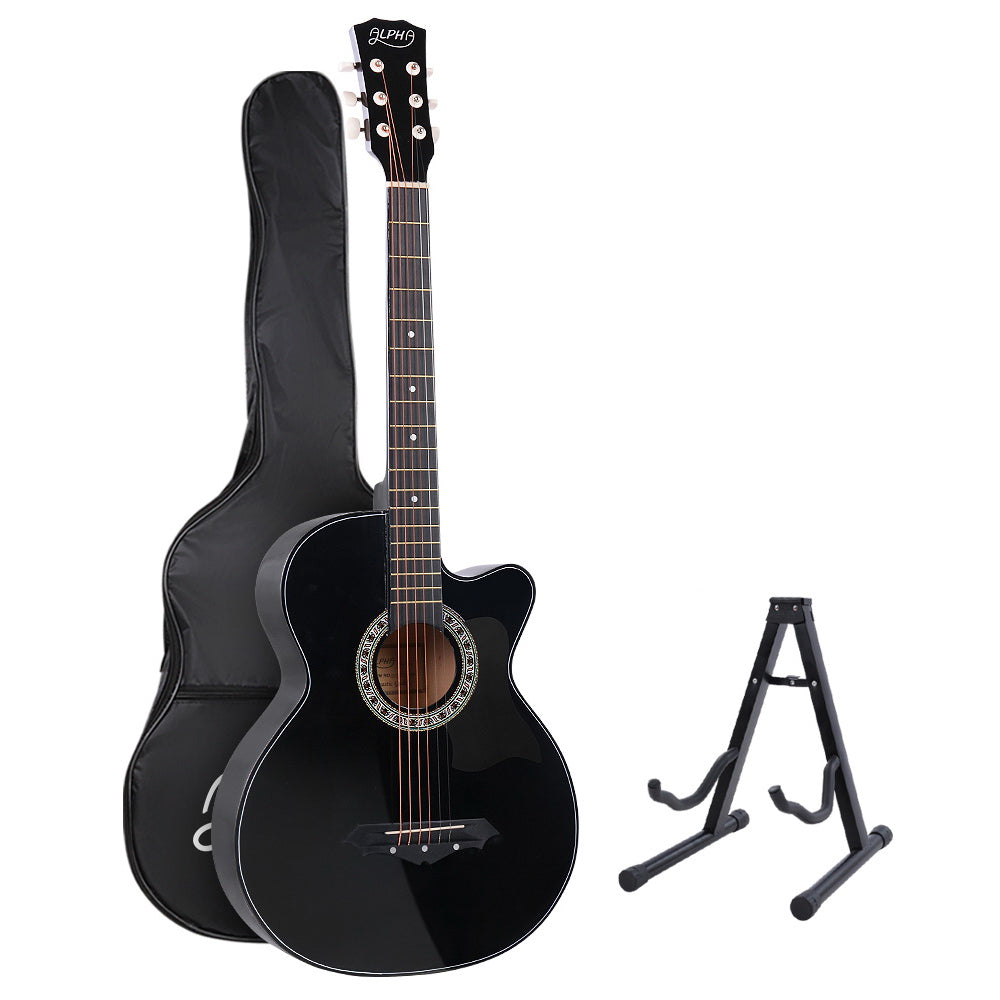 Alpha 38 Inch Acoustic Guitar Wooden Body Steel String Full Size w/ Stand Black-Audio & Video > Musical Instrument & Accessories-PEROZ Accessories