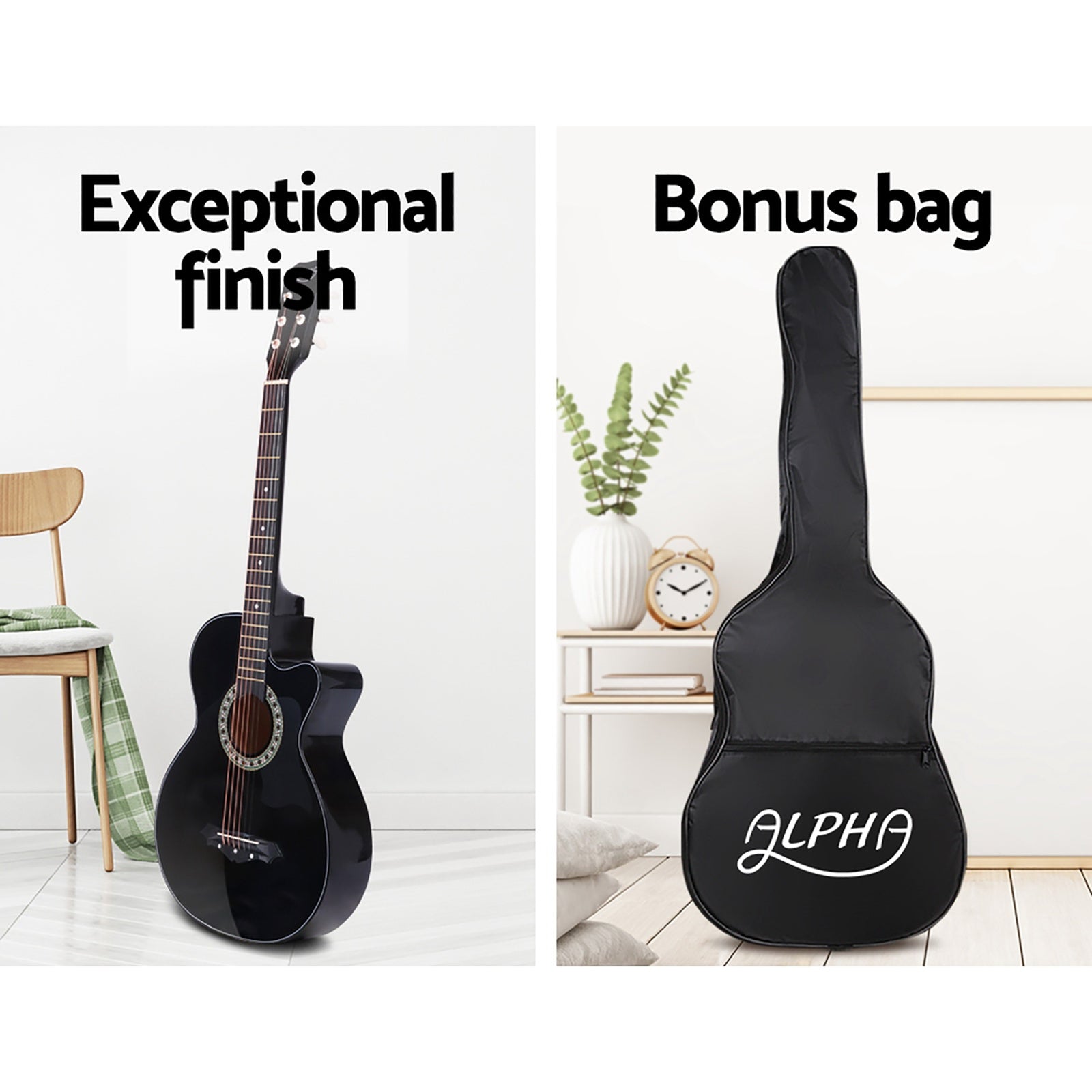 Alpha 38 Inch Acoustic Guitar Wooden Body Steel String Full Size w/ Stand Black-Audio & Video > Musical Instrument & Accessories-PEROZ Accessories