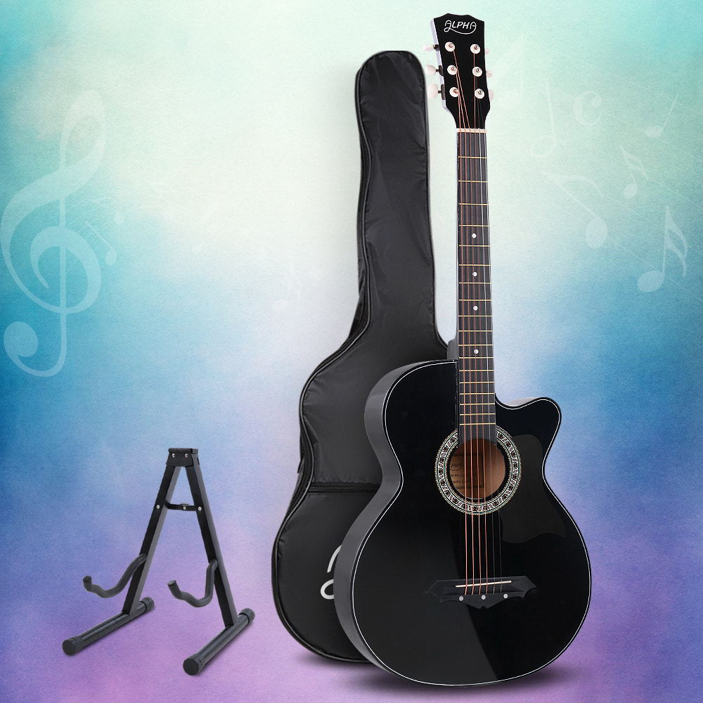 Alpha 38 Inch Acoustic Guitar Wooden Body Steel String Full Size w/ Stand Black-Audio & Video > Musical Instrument & Accessories-PEROZ Accessories