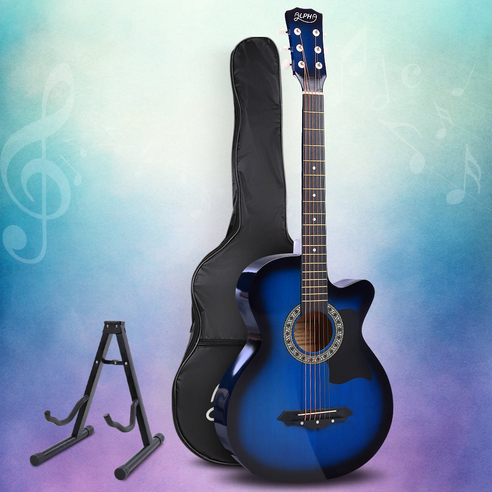 Alpha 38 Inch Acoustic Guitar Wooden Body Steel String Full Size w/ Stand Blue-Audio & Video > Musical Instrument & Accessories-PEROZ Accessories