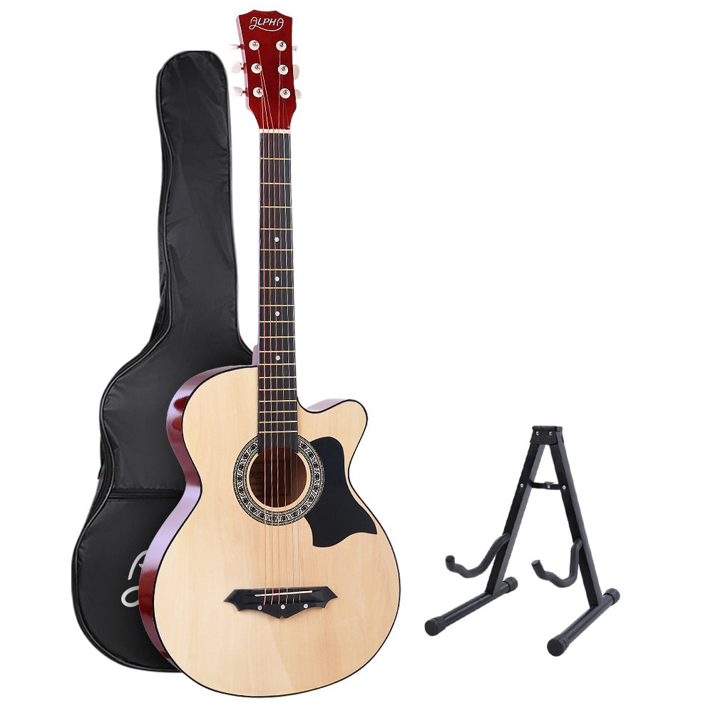 Alpha 38 Inch Acoustic Guitar Wooden Body Steel String Full Size w/ Stand Wood-Audio & Video > Musical Instrument & Accessories-PEROZ Accessories