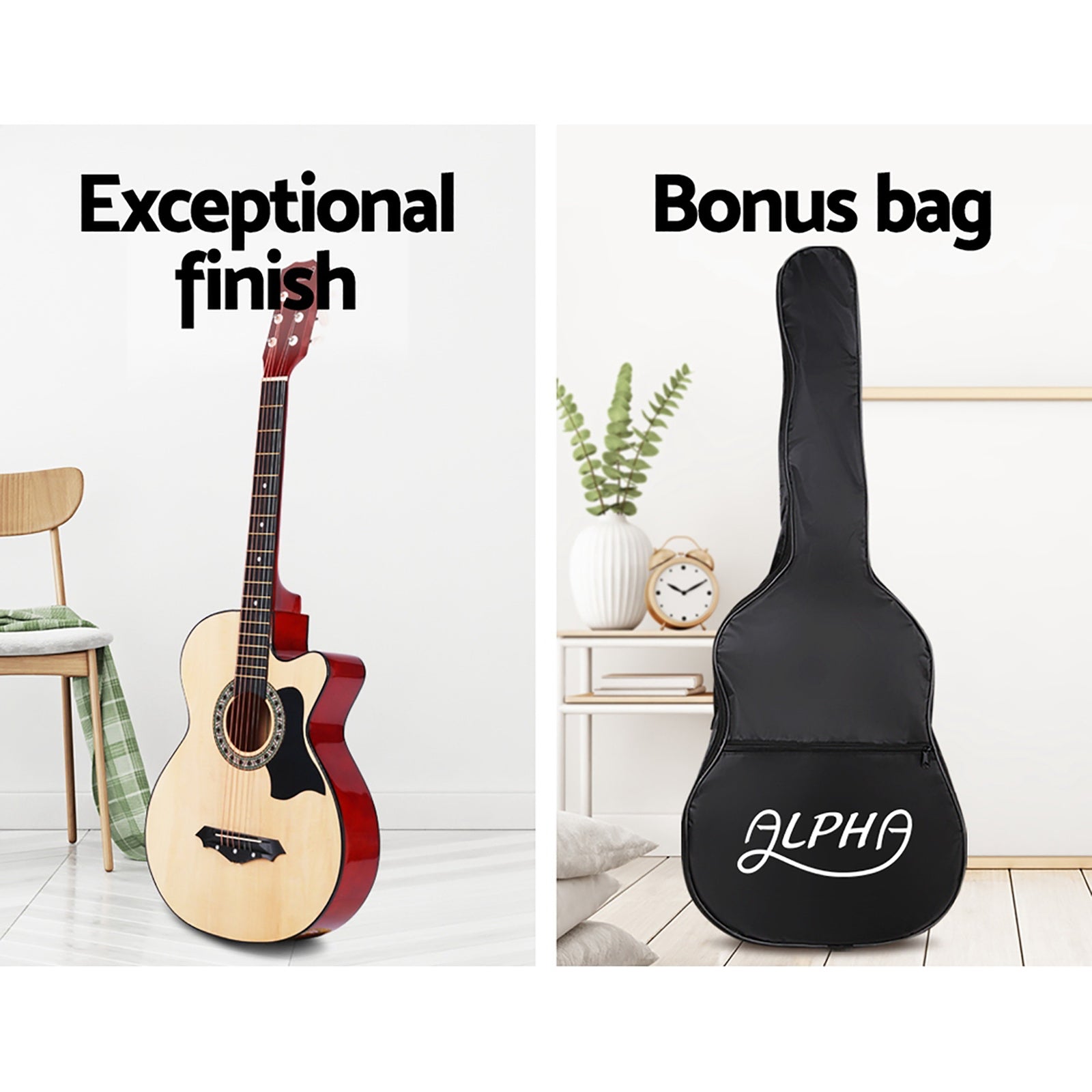 Alpha 38 Inch Acoustic Guitar Wooden Body Steel String Full Size w/ Stand Wood-Audio & Video > Musical Instrument & Accessories-PEROZ Accessories