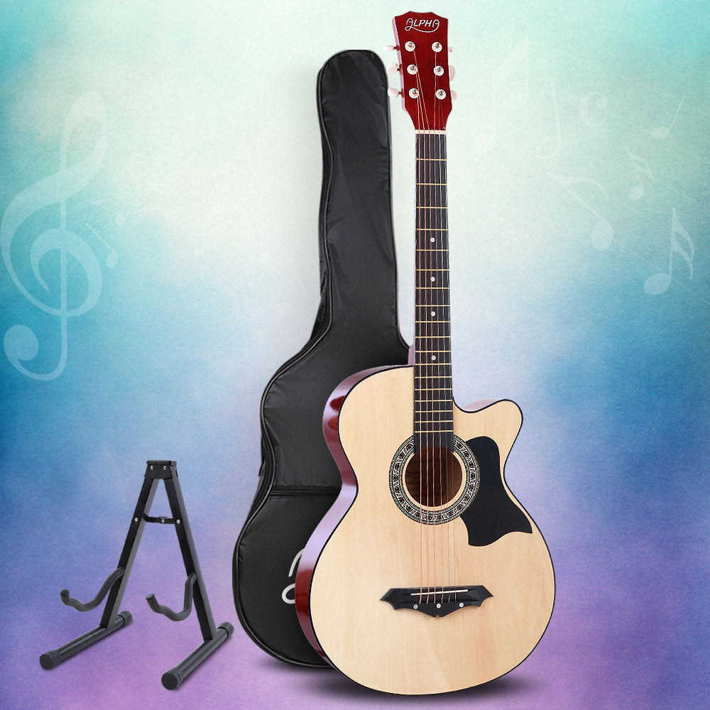 Alpha 38 Inch Acoustic Guitar Wooden Body Steel String Full Size w/ Stand Wood-Audio & Video > Musical Instrument & Accessories-PEROZ Accessories