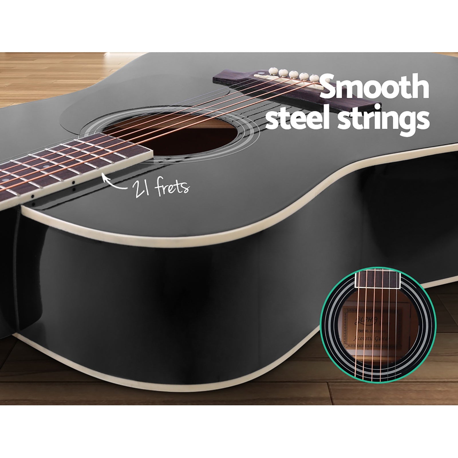 Alpha 41 Inch Acoustic Guitar Wooden Body Steel String Dreadnought Stand Black-Audio & Video > Musical Instrument & Accessories-PEROZ Accessories