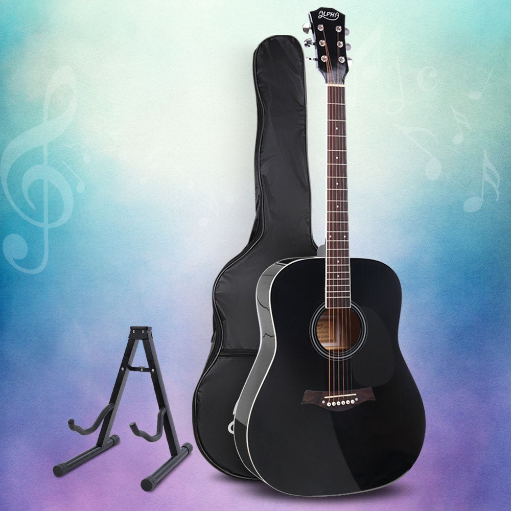 Alpha 41 Inch Acoustic Guitar Wooden Body Steel String Dreadnought Stand Black-Audio & Video > Musical Instrument & Accessories-PEROZ Accessories
