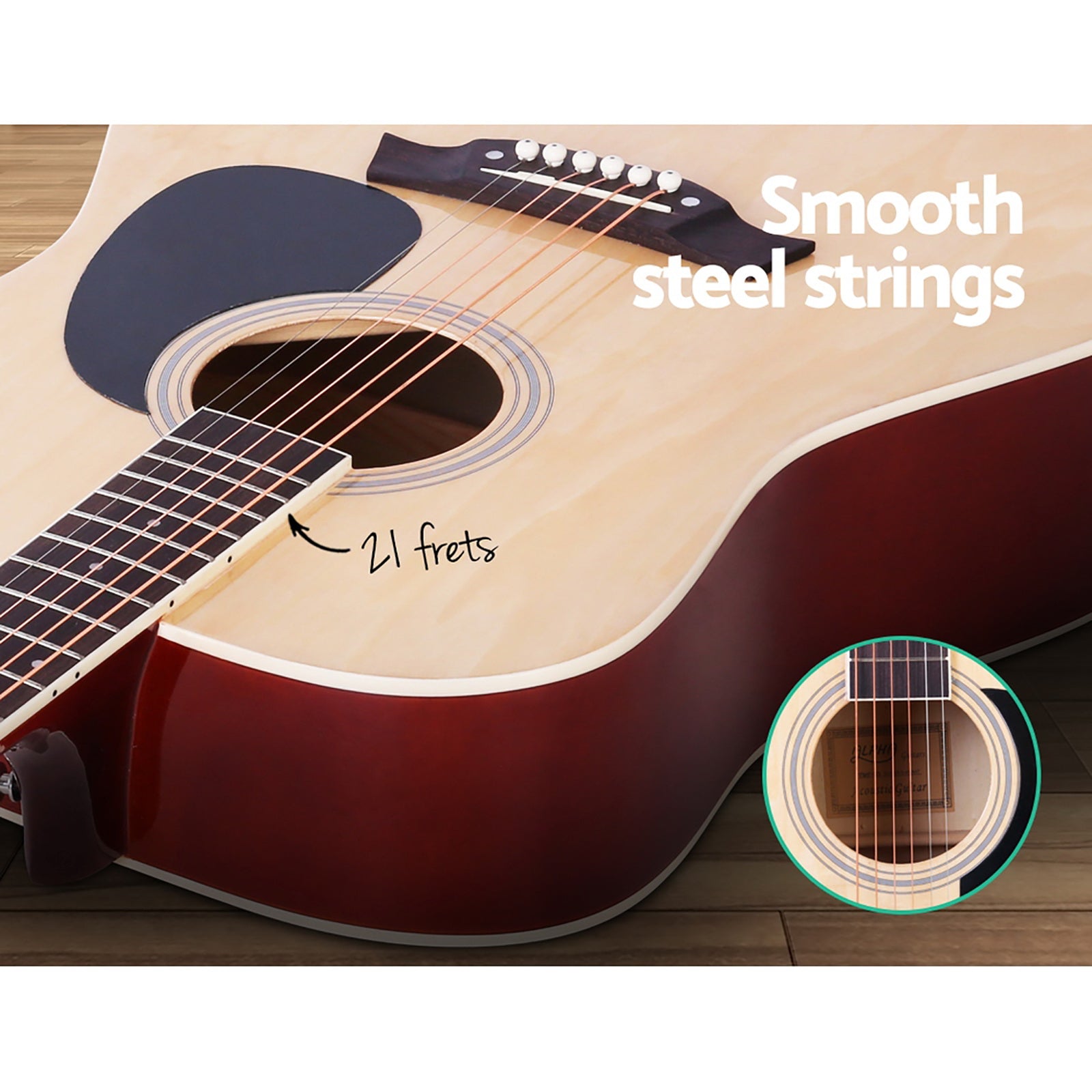 Alpha 41 Inch Acoustic Guitar Wooden Body Steel String Dreadnought Stand Wood-Audio & Video > Musical Instrument & Accessories-PEROZ Accessories