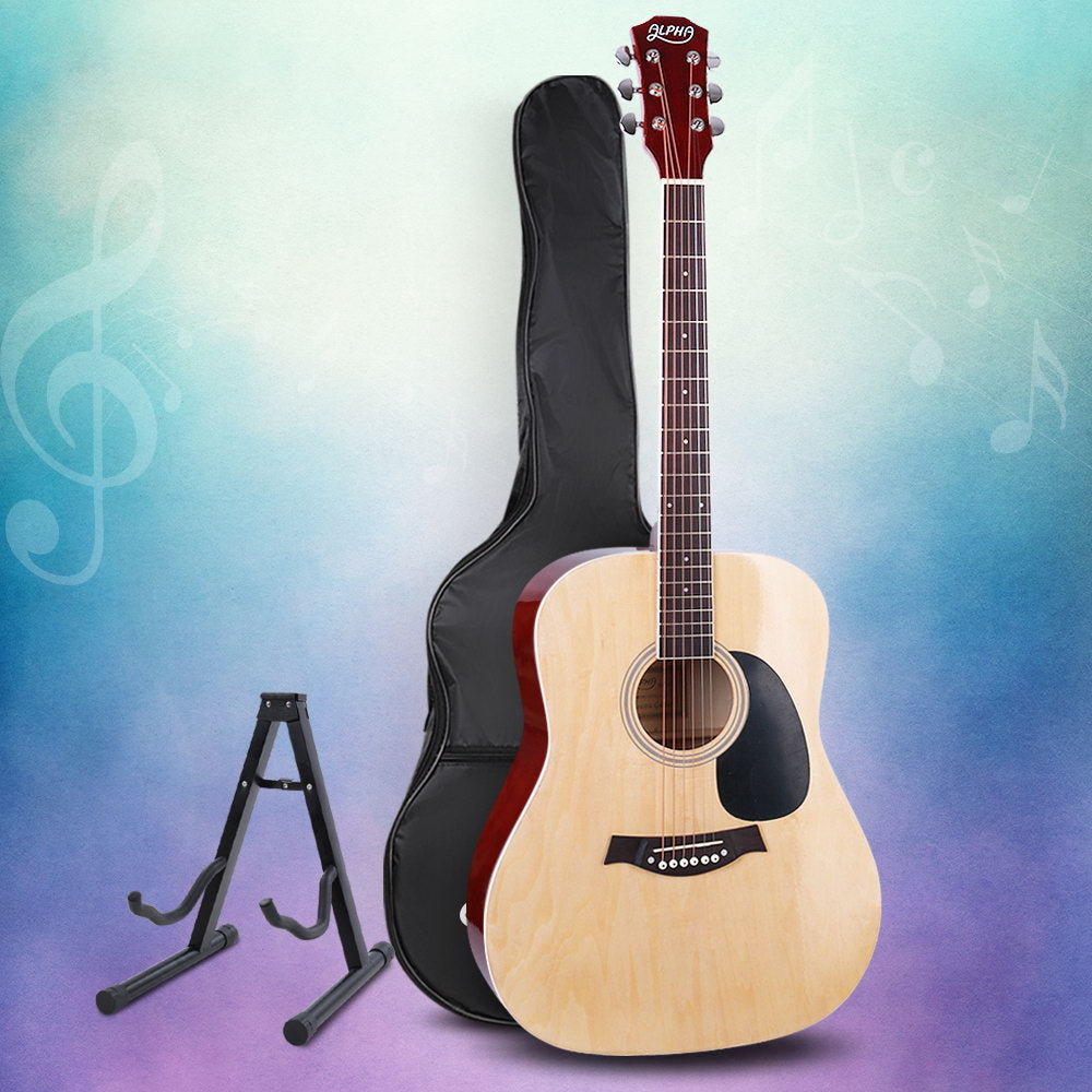 Alpha 41 Inch Acoustic Guitar Wooden Body Steel String Dreadnought Stand Wood-Audio & Video > Musical Instrument & Accessories-PEROZ Accessories
