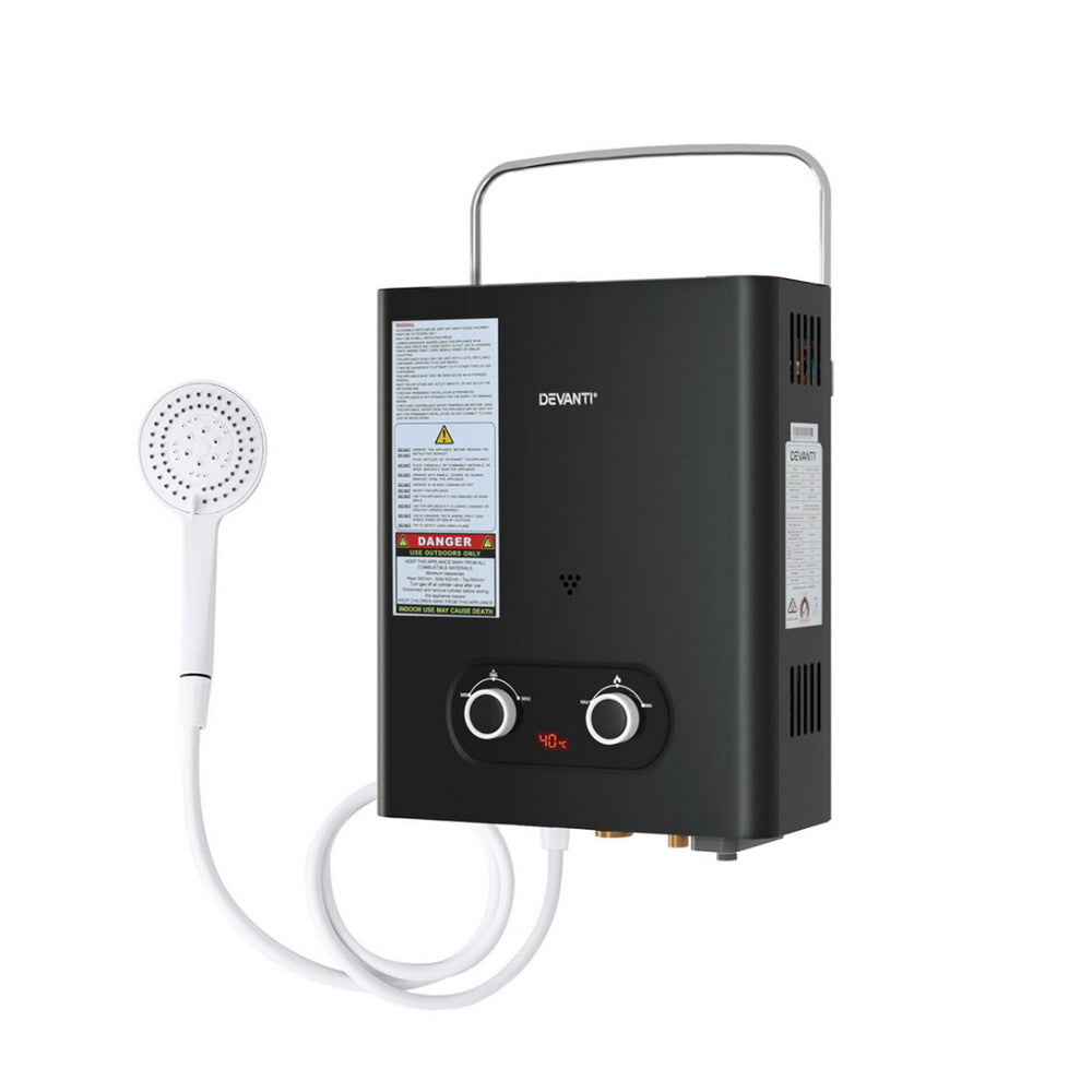 Devanti Portable Gas Water Heater LPG-powered System Black-Outdoor Recreation > Camping > Portable Toilets & Showers-PEROZ Accessories