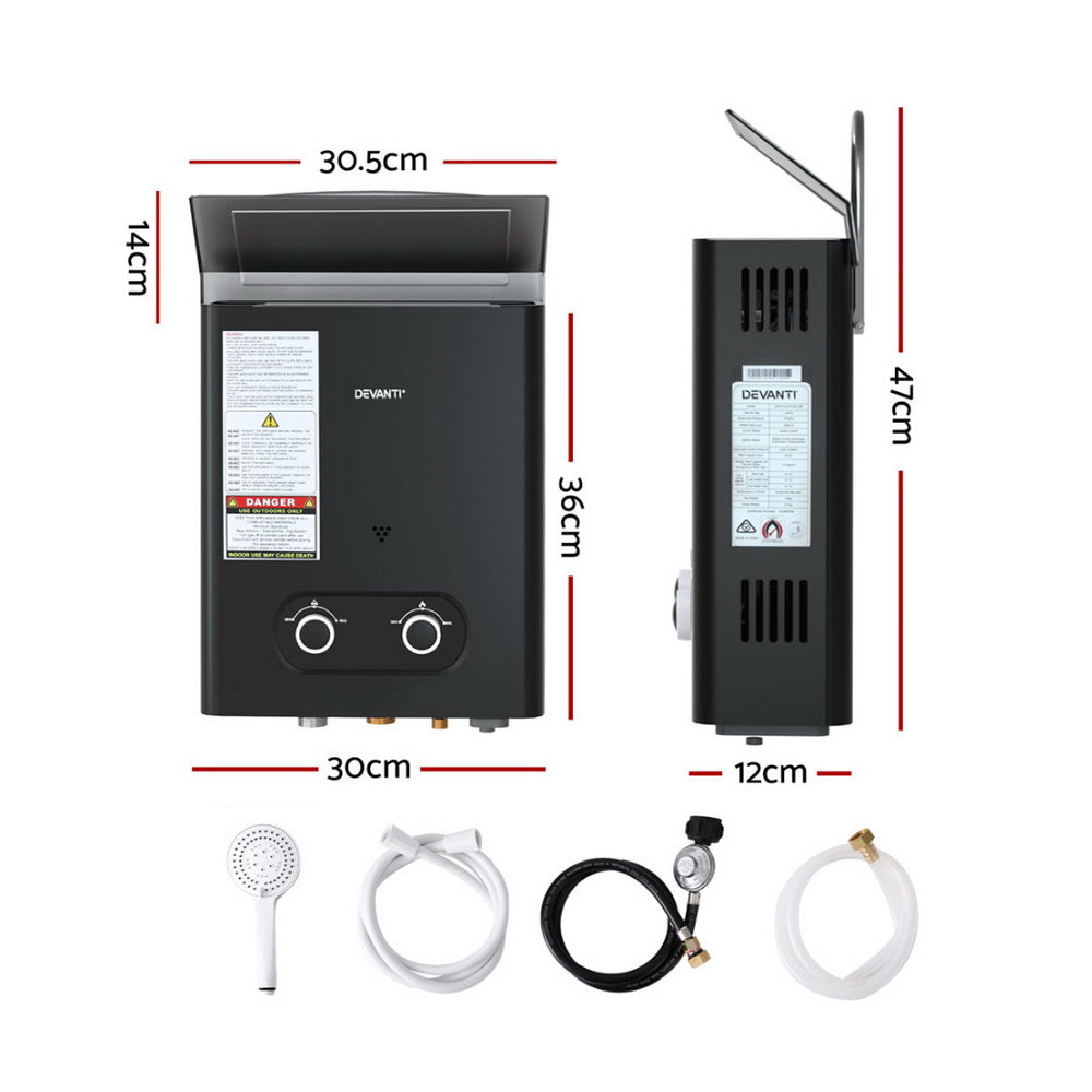Devanti Portable Gas Water Heater LPG-powered System Black-Outdoor Recreation > Camping > Portable Toilets & Showers-PEROZ Accessories