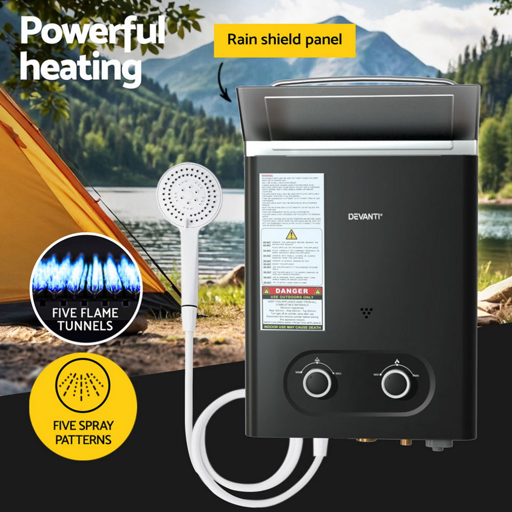 Devanti Portable Gas Water Heater LPG-powered System Black-Outdoor Recreation > Camping > Portable Toilets & Showers-PEROZ Accessories