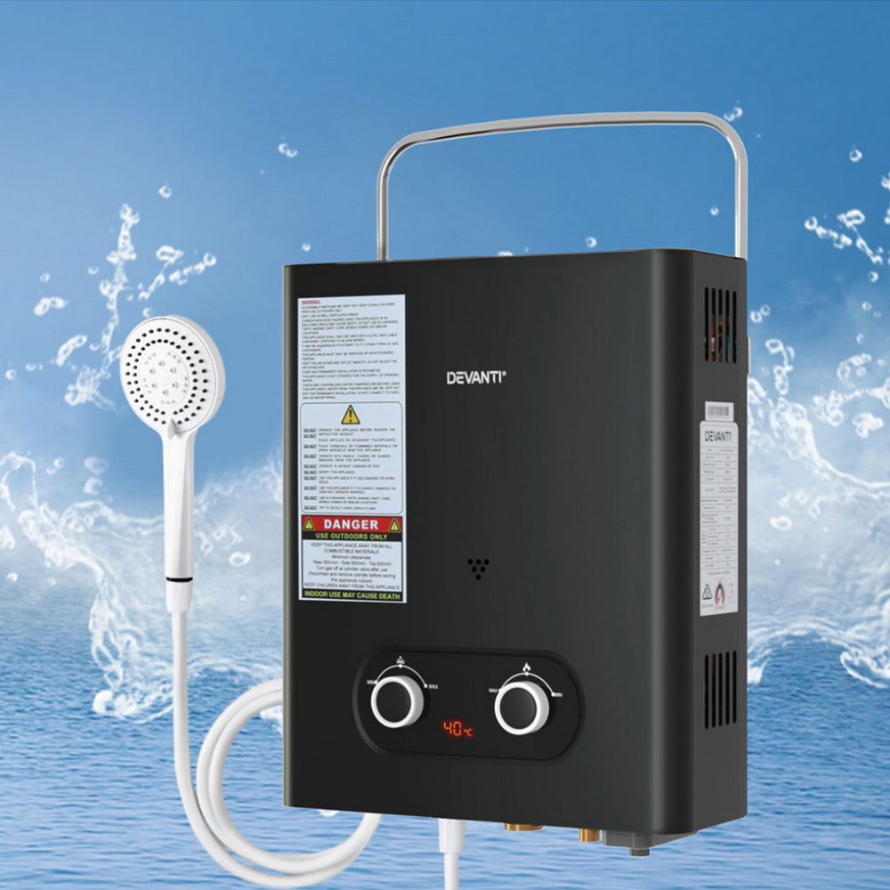 Devanti Portable Gas Water Heater LPG-powered System Black-Outdoor Recreation > Camping > Portable Toilets & Showers-PEROZ Accessories