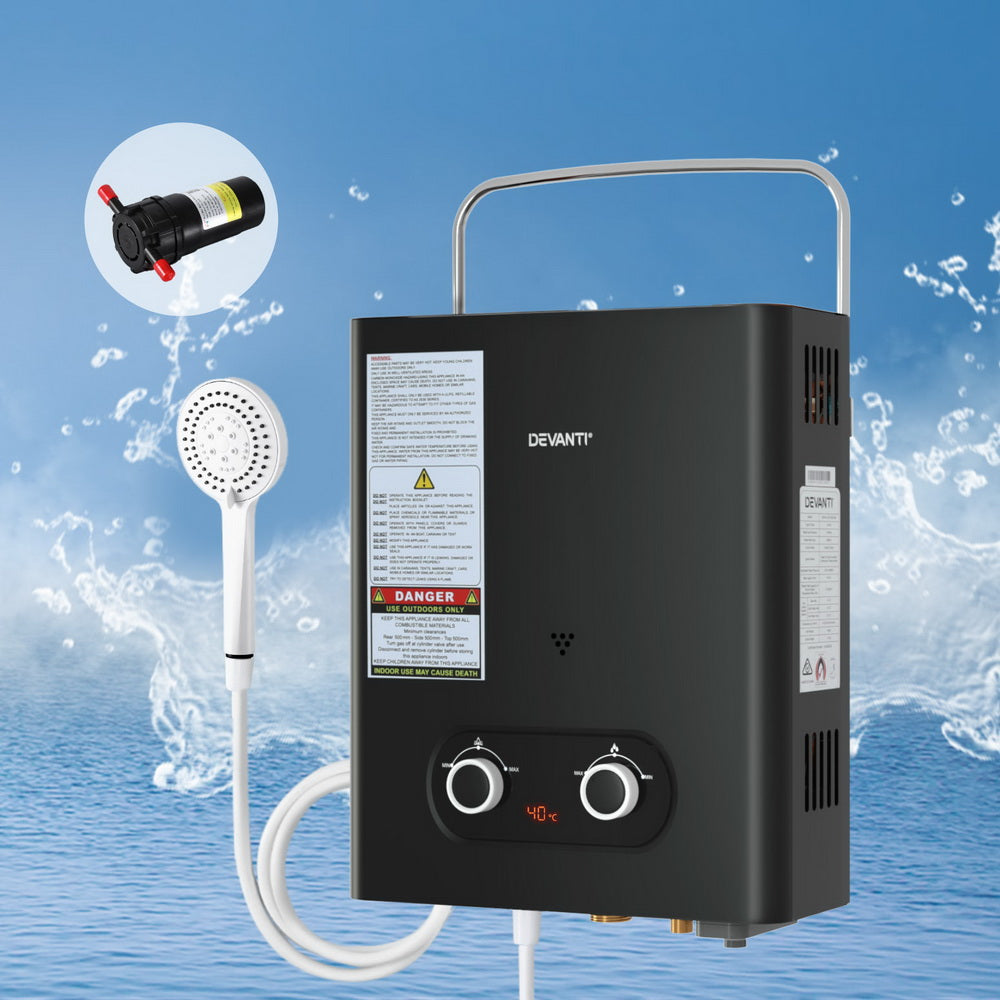 Devanti Portable Gas Water Heater LPG-powered System Black With Pump-Outdoor Recreation > Camping > Portable Toilets & Showers-PEROZ Accessories