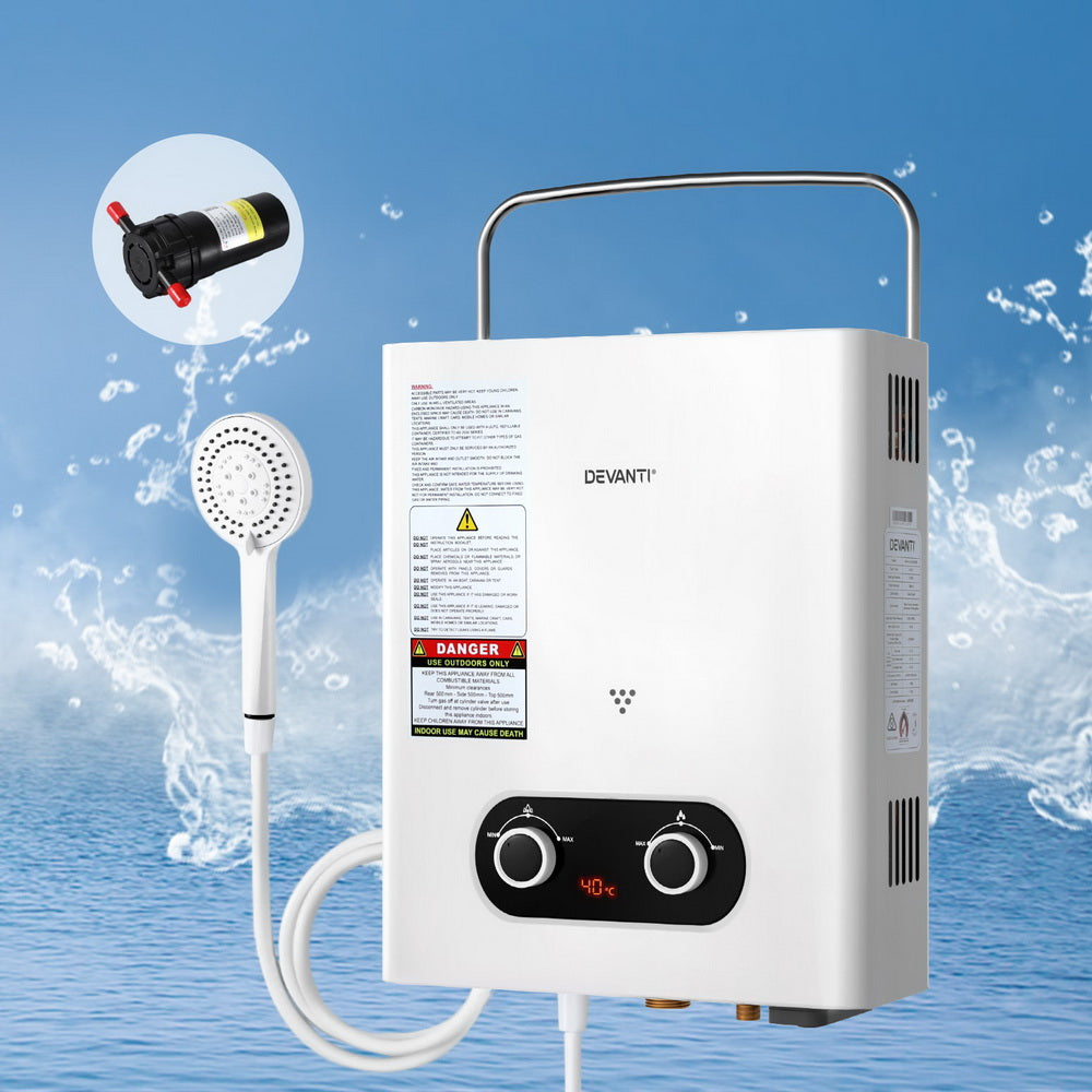 Devanti Portable Gas Water Heater LPG-powered System White With Pump-Outdoor Recreation > Camping > Portable Toilets & Showers-PEROZ Accessories