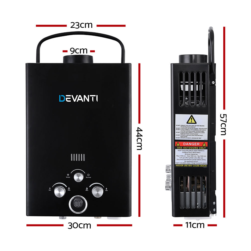 Devanti Portable Gas Water Heater 8L/Min LPG System Black-Outdoor > Camping-PEROZ Accessories