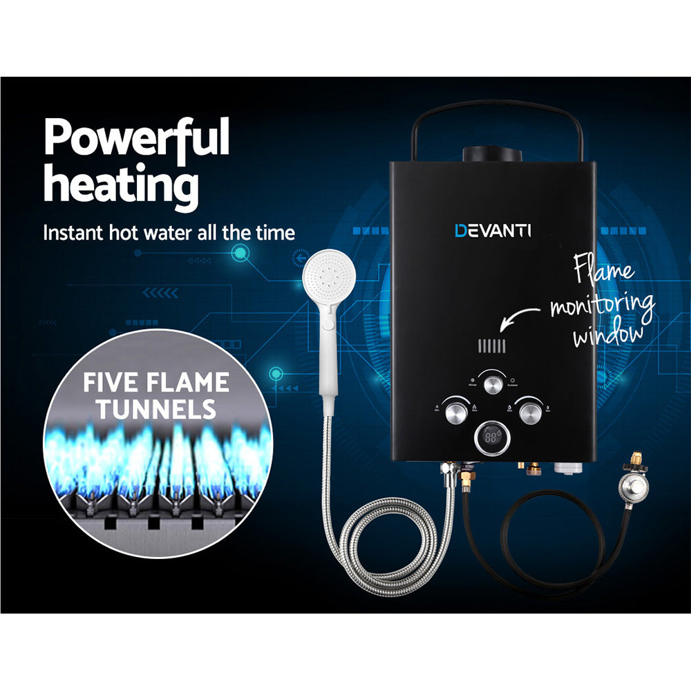 Devanti Portable Gas Water Heater 8L/Min LPG System Black-Outdoor > Camping-PEROZ Accessories