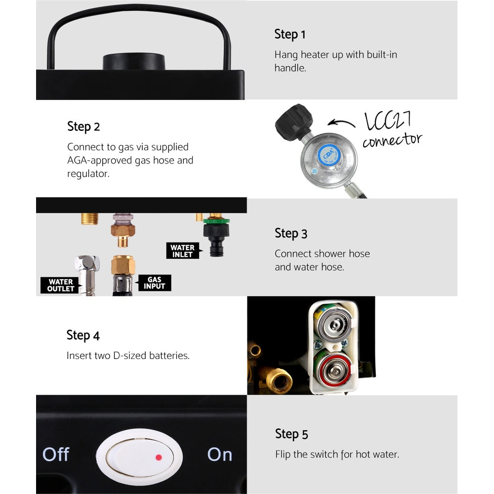 Devanti Portable Gas Water Heater 8L/Min LPG System Black-Outdoor > Camping-PEROZ Accessories