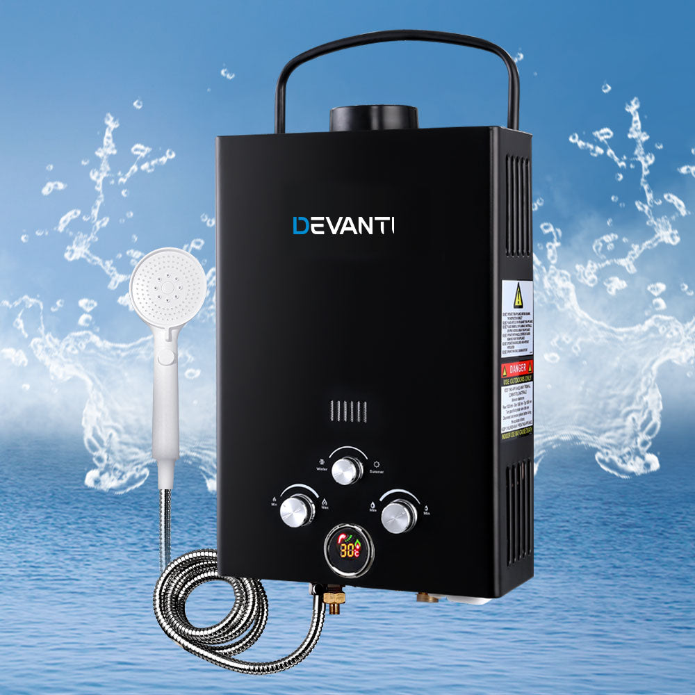 Devanti Portable Gas Water Heater 8L/Min LPG System Black-Outdoor > Camping-PEROZ Accessories