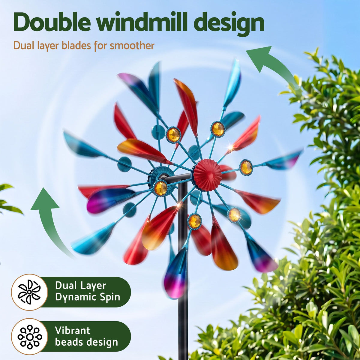 Gardeon Garden Windmill Metal Double Wind Spinner Outdoor Lawn Decor 190cm-Home & Garden > Decor > Garden Ornaments-PEROZ Accessories