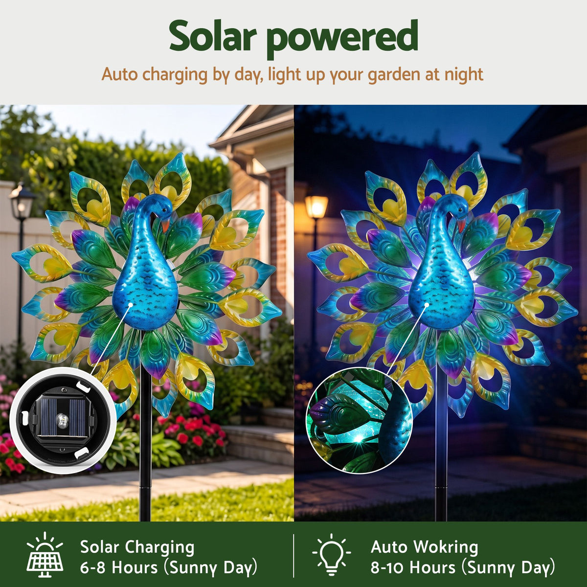 Gardeon Garden Windmill Solar Light Colorful Peacock Metal Spinner 190cm-Home & Garden > Decor > Garden Ornaments-PEROZ Accessories